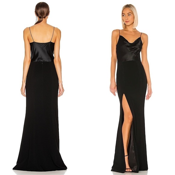 CINQ A SEPT Silk Satin Bodice Crepe Skirt Sleeveless Draped Neck Leg Slit Gown 6 - Picture 3 of 8